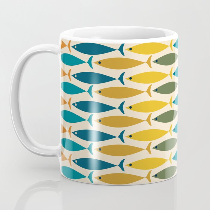 Mid-Century Modern Fish Stripes in Moroccan Teal, Green, Orange, Mustard, and Cream Coffee Mug Gallery Image 3