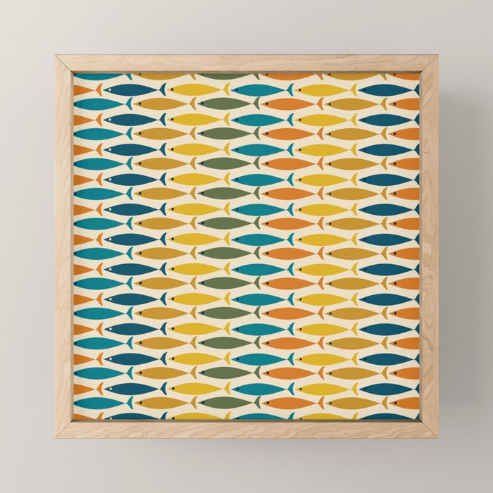 Mid-Century Modern Fish Stripes in Moroccan Teal, Green, Orange, Mustard, and Cream Mini Art Print Gallery Image 1