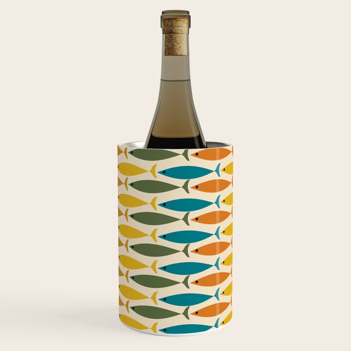 Mid-Century Modern Fish Stripes in Moroccan Teal, Green, Orange, Mustard, and Cream Wine Chiller Gallery Image 1