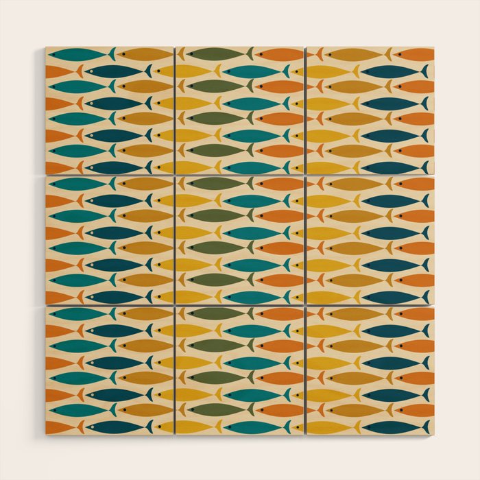 Mid-Century Modern Fish Stripes in Moroccan Teal, Green, Orange, Mustard, and Cream Wood Wall Art Gallery Image 1