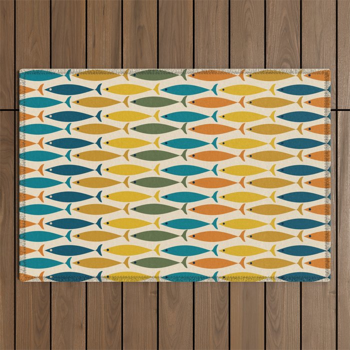 Mid-Century Modern Fish Stripes in Moroccan Teal, Green, Orange, Mustard, and Cream Outdoor Rug Gallery Image 1