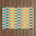Mid-Century Modern Fish Stripes in Moroccan Teal, Green, Orange, Mustard, and Cream Outdoor Rug Gallery Image 1