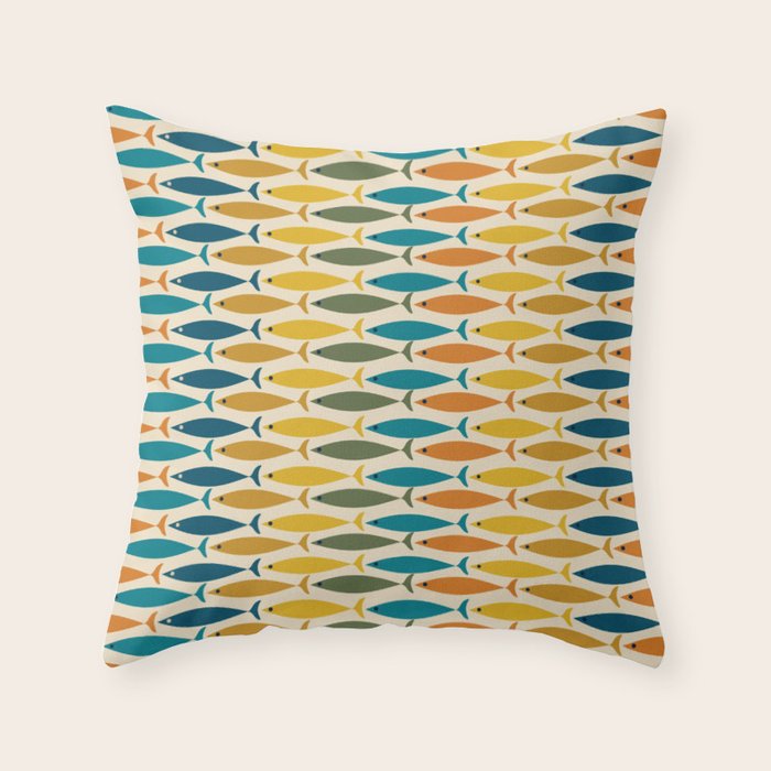 Mid-Century Modern Fish Stripes in Moroccan Teal, Green, Orange, Mustard, and Cream Throw Pillow Gallery Image 6