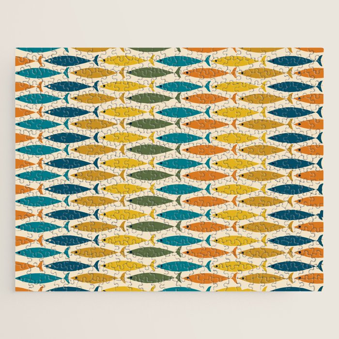 Mid-Century Modern Fish Stripes in Moroccan Teal, Green, Orange, Mustard, and Cream Jigsaw Puzzle Gallery Image 1