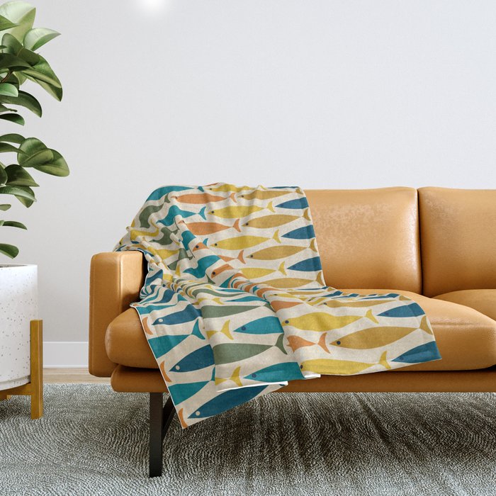 Mid-Century Modern Fish Stripes in Moroccan Teal, Green, Orange, Mustard, and Cream Throw Blanket Gallery Image 1