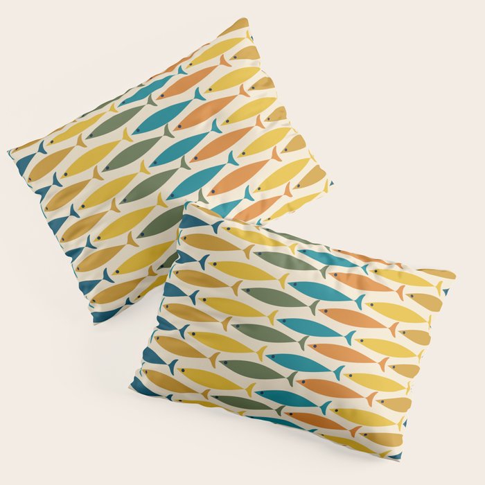 Mid-Century Modern Fish Stripes in Moroccan Teal, Green, Orange, Mustard, and Cream Pillow Sham Gallery Image 3