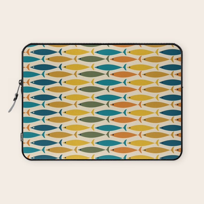 Mid-Century Modern Fish Stripes in Moroccan Teal, Green, Orange, Mustard, and Cream Laptop Sleeve Gallery Image 1
