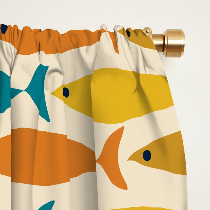 Mid-Century Modern Fish Stripes in Moroccan Teal, Green, Orange, Mustard, and Cream Window Curtain Gallery Image 2