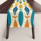 Mid-Century Modern Fish Stripes in Moroccan Teal, Green, Orange, Mustard, and Cream Table Runner Gallery Image 1