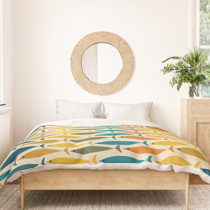 Mid-Century Modern Fish Stripes in Moroccan Teal, Green, Orange, Mustard, and Cream Duvet Cover Gallery Image 3