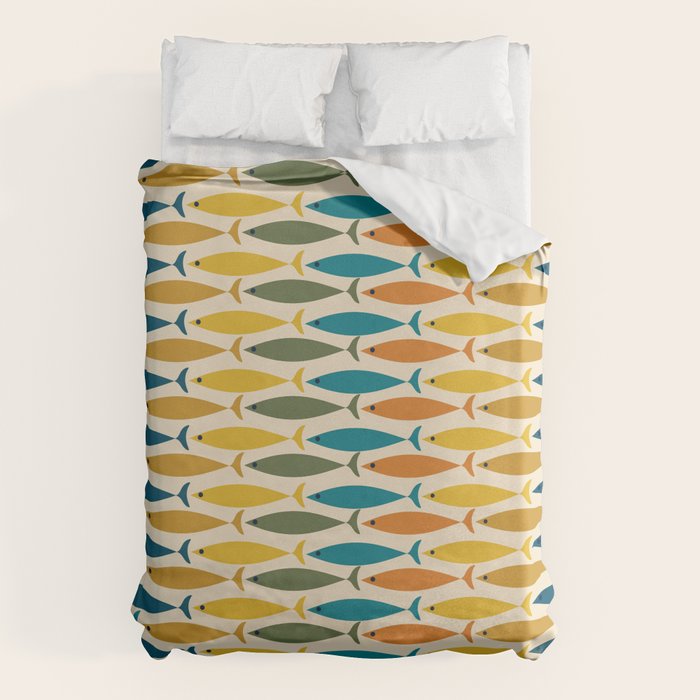 Mid-Century Modern Fish Stripes in Moroccan Teal, Green, Orange, Mustard, and Cream Duvet Cover Gallery Image 6
