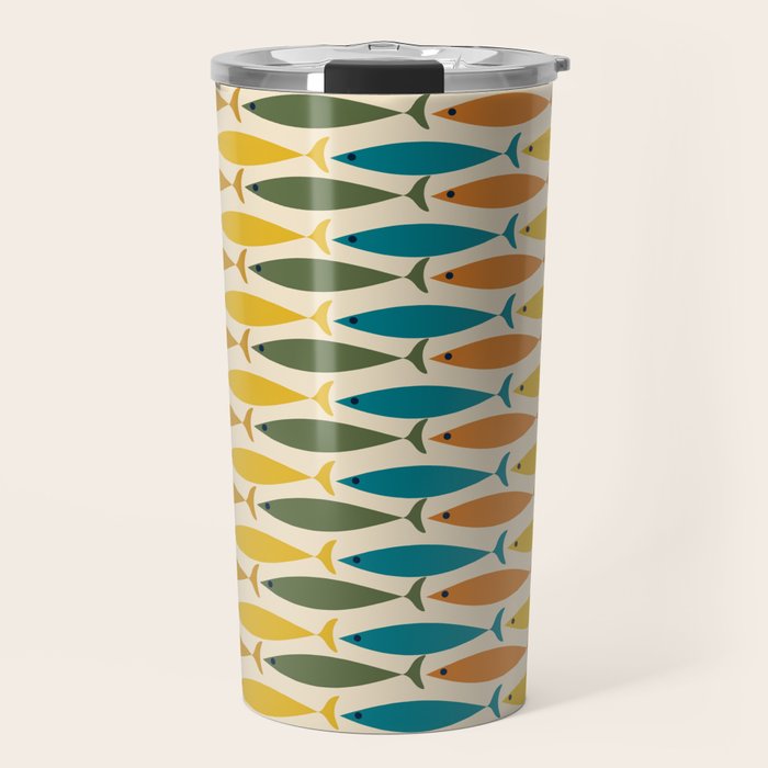 Mid-Century Modern Fish Stripes in Moroccan Teal, Green, Orange, Mustard, and Cream Travel Mug Gallery Image 1