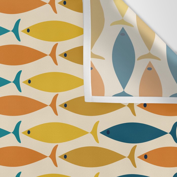 Mid-Century Modern Fish Stripes in Moroccan Teal, Green, Orange, Mustard, and Cream Wall Tapestry Gallery Image 3