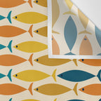 Mid-Century Modern Fish Stripes in Moroccan Teal, Green, Orange, Mustard, and Cream Wall Tapestry Gallery Image 3