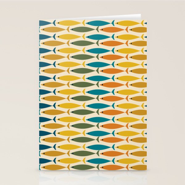 Mid-Century Modern Fish Stripes in Moroccan Teal, Green, Orange, Mustard, and Cream Stationery Card Gallery Image 2