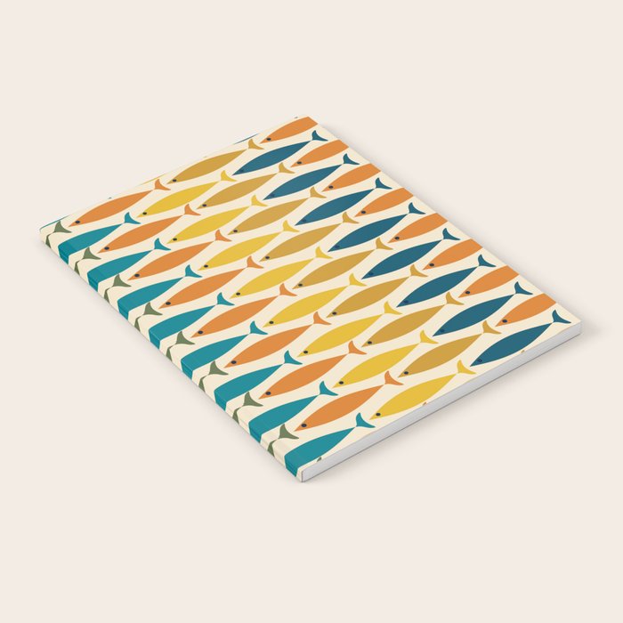Mid-Century Modern Fish Stripes in Moroccan Teal, Green, Orange, Mustard, and Cream Notebook Gallery Image 1