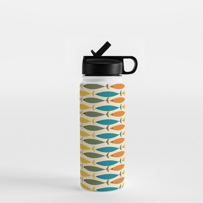 Mid-Century Modern Fish Stripes in Moroccan Teal, Green, Orange, Mustard, and Cream Water Bottle Gallery Image 1