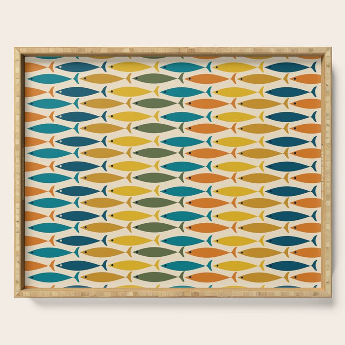 Mid-Century Modern Fish Stripes in Moroccan Teal, Green, Orange, Mustard, and Cream Serving Tray Gallery Image 1