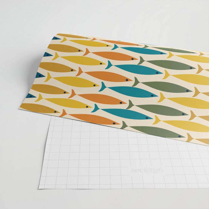 Mid-Century Modern Fish Stripes in Moroccan Teal, Green, Orange, Mustard, and Cream Wrapping Paper Gallery Image 2