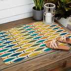 Mid-Century Modern Fish Stripes in Moroccan Teal, Green, Orange, Mustard, and Cream Outdoor Rug Gallery Image 2