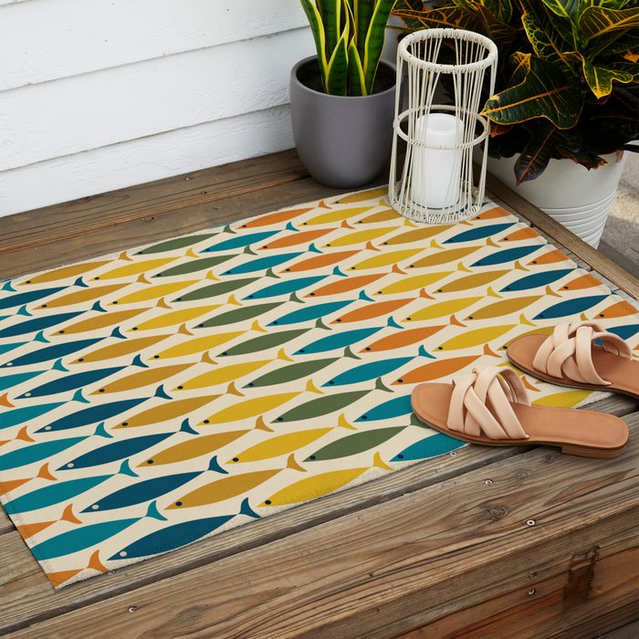 Mid-Century Modern Fish Stripes in Moroccan Teal, Green, Orange, Mustard, and Cream Outdoor Rug Gallery Image 2
