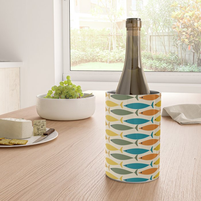 Mid-Century Modern Fish Stripes in Moroccan Teal, Green, Orange, Mustard, and Cream Wine Chiller Gallery Image 4