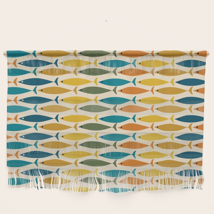 Mid-Century Modern Fish Stripes in Moroccan Teal, Green, Orange, Mustard, and Cream Wall Hanging Gallery Image 1