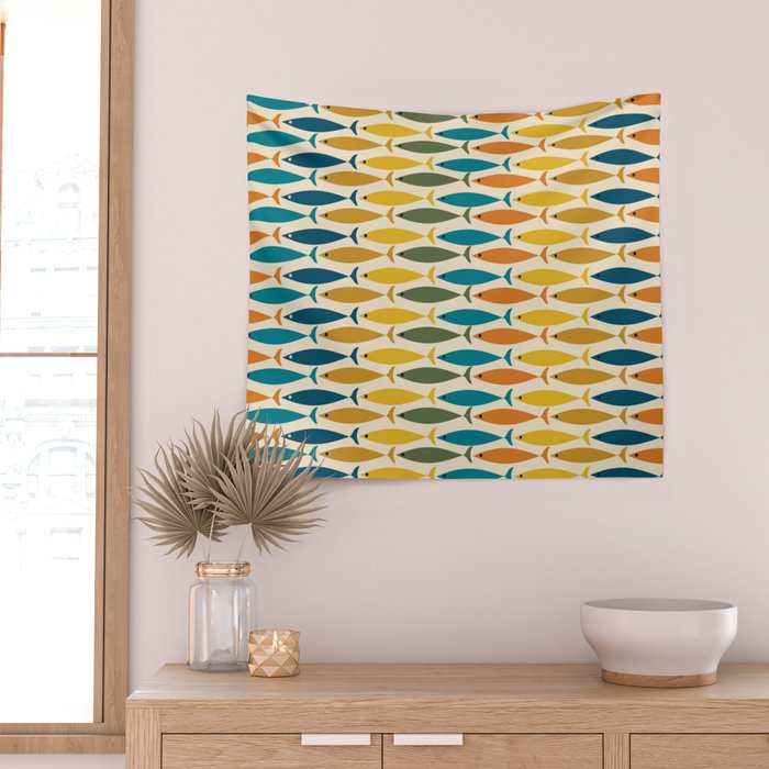 Mid-Century Modern Fish Stripes in Moroccan Teal, Green, Orange, Mustard, and Cream Wall Tapestry Gallery Image 2