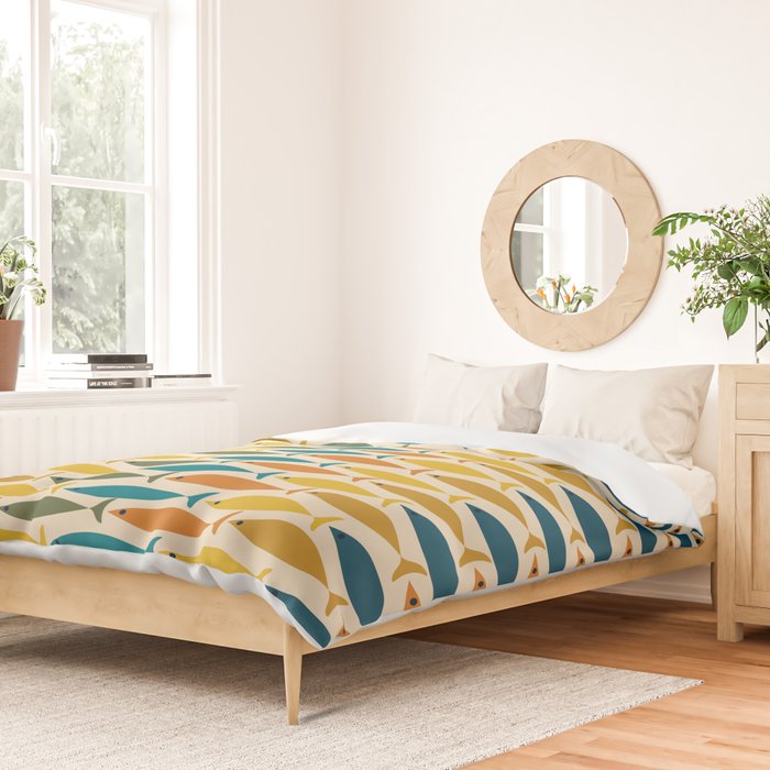 Mid-Century Modern Fish Stripes in Moroccan Teal, Green, Orange, Mustard, and Cream Duvet Cover Gallery Image 2