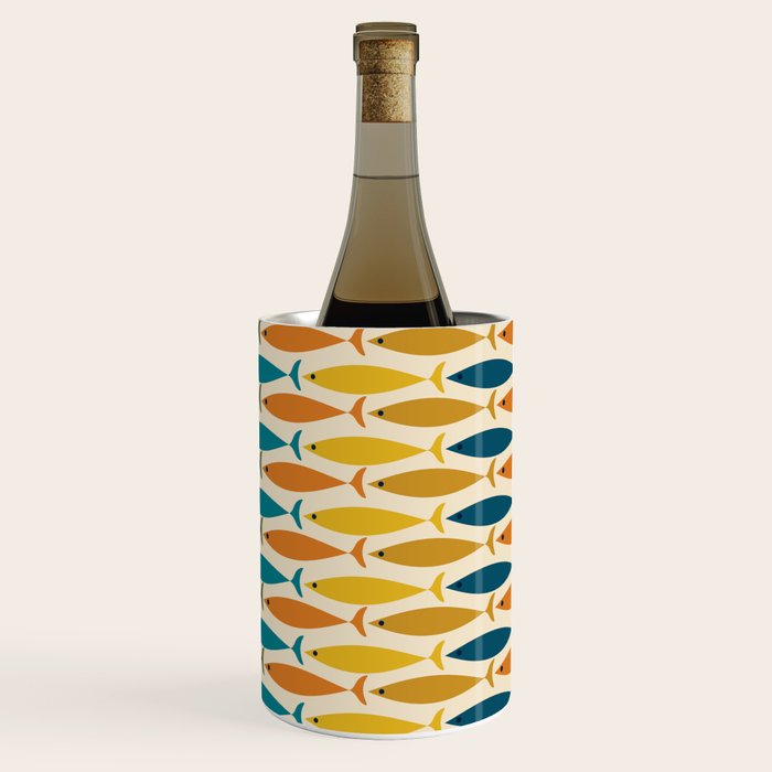 Mid-Century Modern Fish Stripes in Moroccan Teal, Green, Orange, Mustard, and Cream Wine Chiller Gallery Image 3