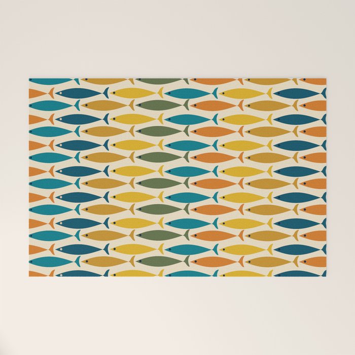Mid-Century Modern Fish Stripes in Moroccan Teal, Green, Orange, Mustard, and Cream Welcome Mat Gallery Image 1