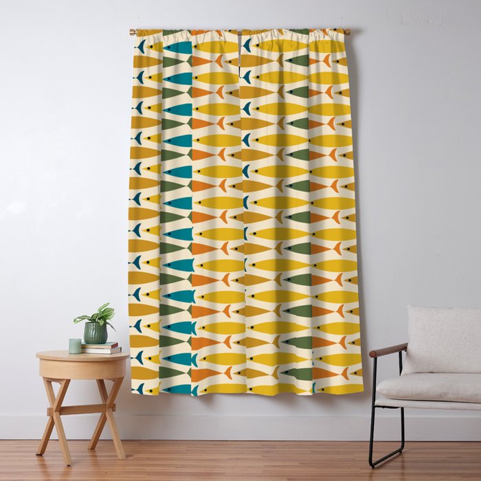Mid-Century Modern Fish Stripes in Moroccan Teal, Green, Orange, Mustard, and Cream Window Curtain Gallery Image 5