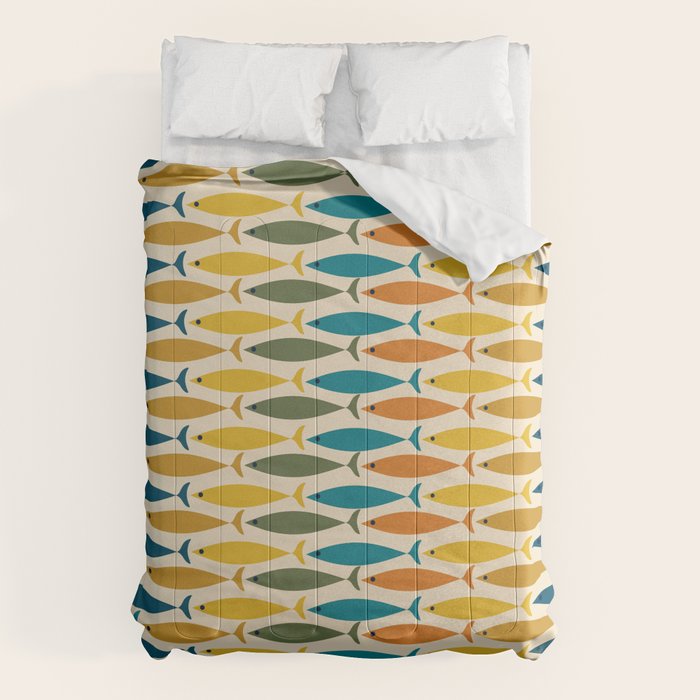 Mid-Century Modern Fish Stripes in Moroccan Teal, Green, Orange, Mustard, and Cream Comforter Gallery Image 1