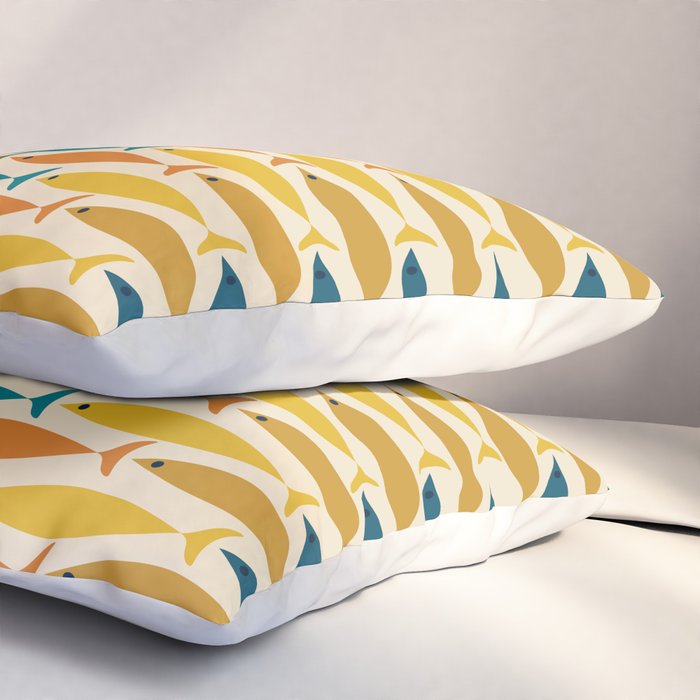 Mid-Century Modern Fish Stripes in Moroccan Teal, Green, Orange, Mustard, and Cream Pillow Sham Gallery Image 3