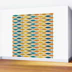 Mid-Century Modern Fish Stripes in Moroccan Teal, Green, Orange, Mustard, and Cream Wall Mural Gallery Image 2