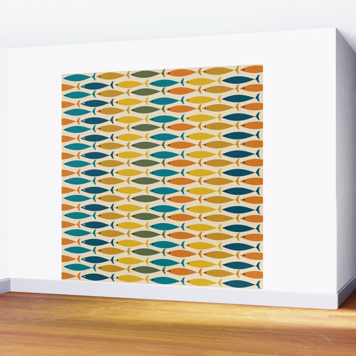 Mid-Century Modern Fish Stripes in Moroccan Teal, Green, Orange, Mustard, and Cream Wall Mural Gallery Image 2