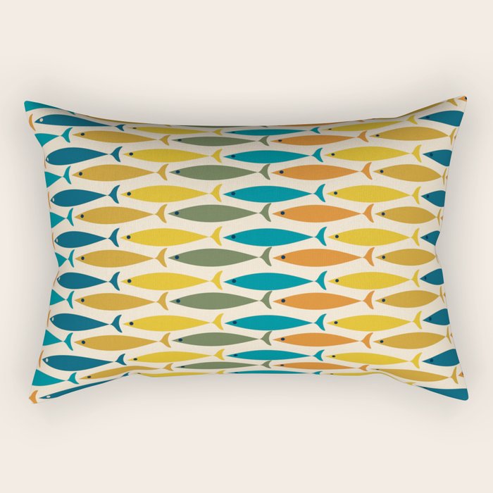 Mid-Century Modern Fish Stripes in Moroccan Teal, Green, Orange, Mustard, and Cream Rectangular Pillow Gallery Image 2