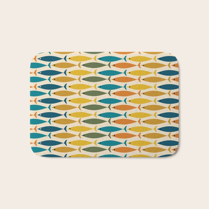 Mid-Century Modern Fish Stripes in Moroccan Teal, Green, Orange, Mustard, and Cream Bath Mat Gallery Image 1