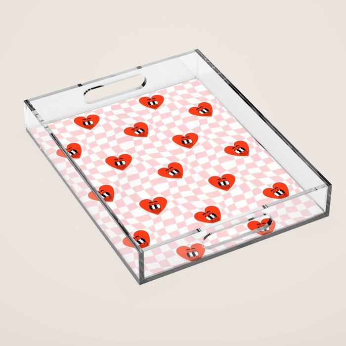 Retro cartoon love heart checkered pattern Acrylic Tray Gallery Image 1