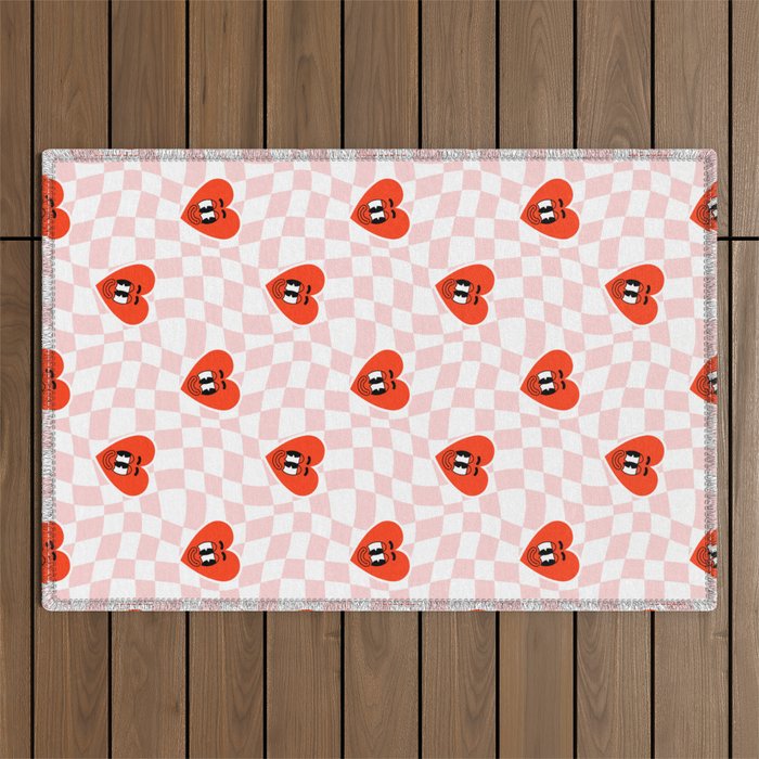 Retro cartoon love heart checkered pattern Outdoor Rug Gallery Image 1