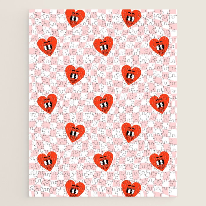 Retro cartoon love heart checkered pattern Jigsaw Puzzle Gallery Image 1