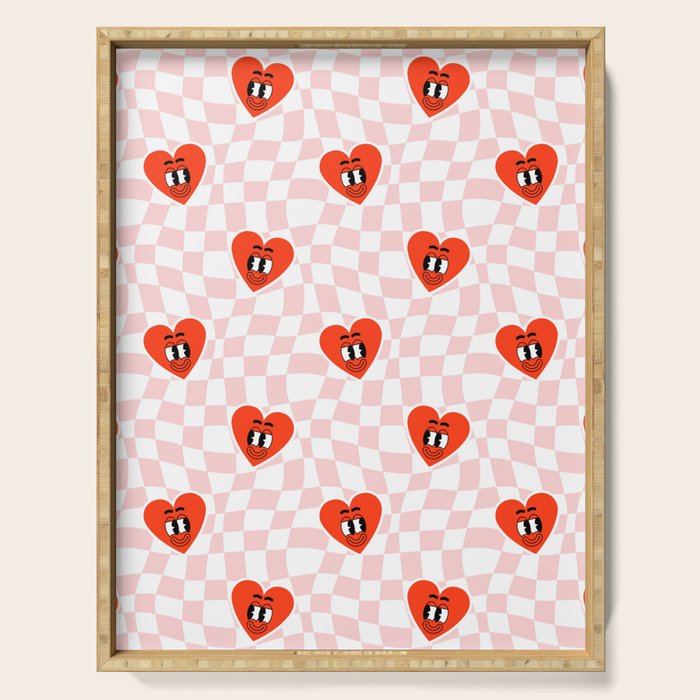Retro cartoon love heart checkered pattern Serving Tray Gallery Image 1