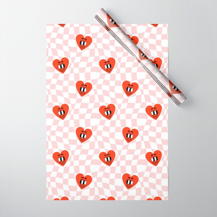 Retro cartoon love heart checkered pattern Wrapping Paper Gallery Image 1