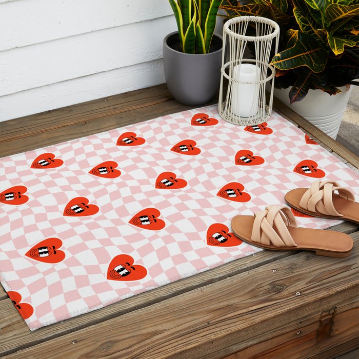 Retro cartoon love heart checkered pattern Outdoor Rug Gallery Image 2