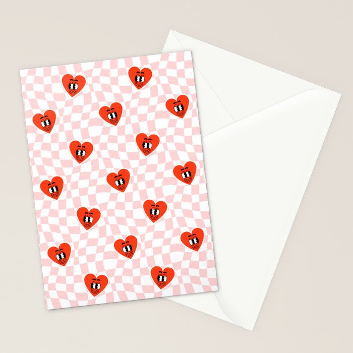 Retro cartoon love heart checkered pattern Stationery Card Gallery Image 2