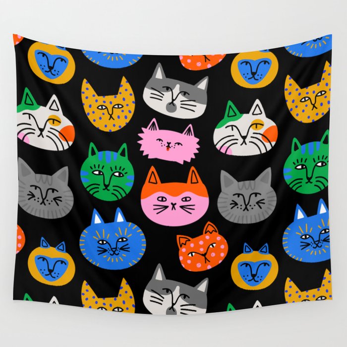 Funny colorful cat cartoon pattern Wall Tapestry Gallery Image 4