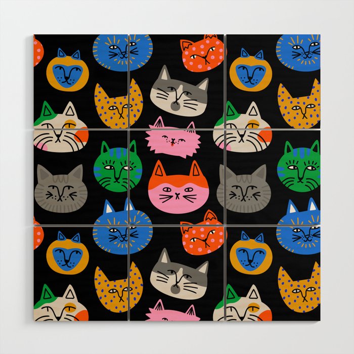 Funny colorful cat cartoon pattern Wood Wall Art Gallery Image 1