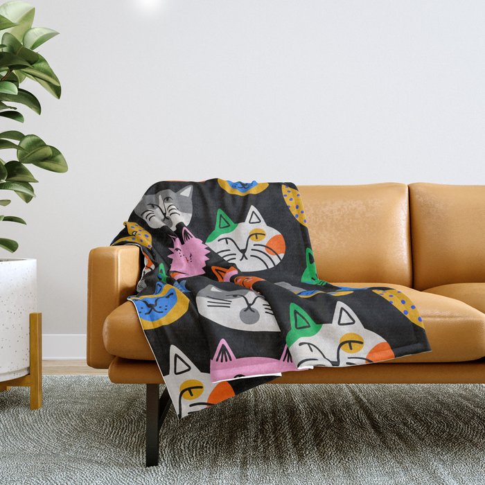Funny colorful cat cartoon pattern Throw Blanket Gallery Image 1
