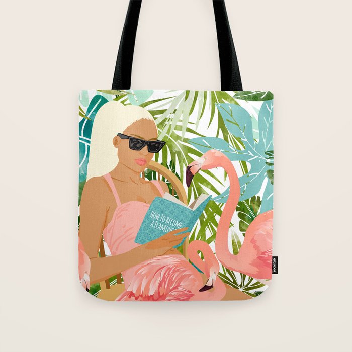 How To Become a Flamingo Illustration, Human Nature Connection, Woman Fashion Travel Tote Bag Gallery Image 1