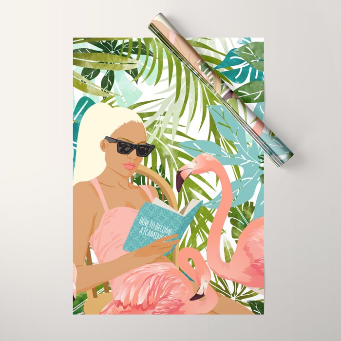 How To Become a Flamingo Illustration, Human Nature Connection, Woman Fashion Travel Wrapping Paper Gallery Image 1